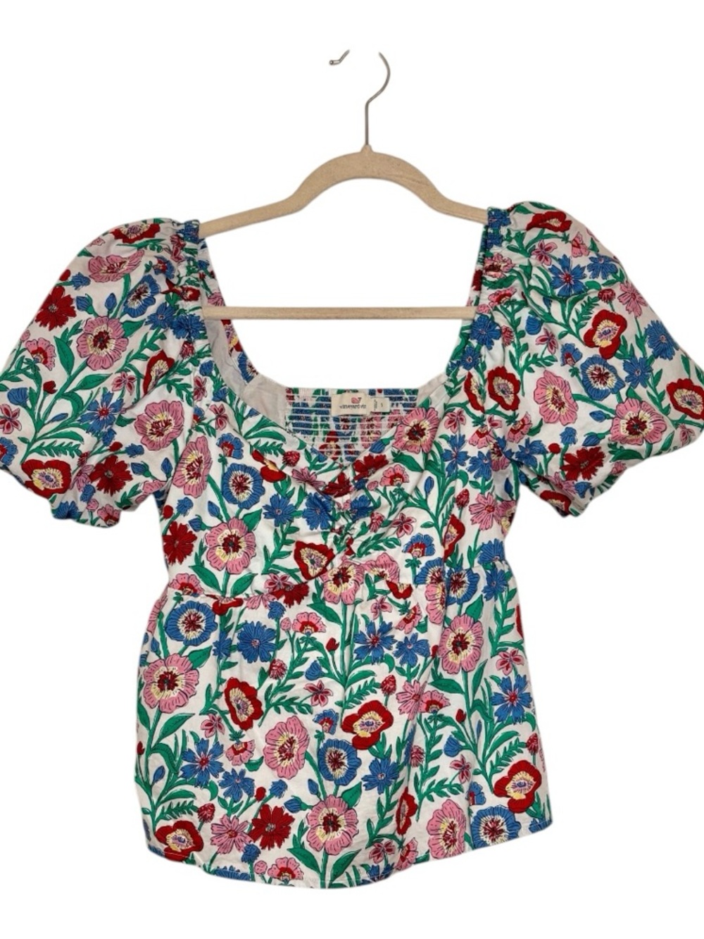 Vineyard Vines White Floral Smocked Puff Sleeve Top Cottagecore Prep Small